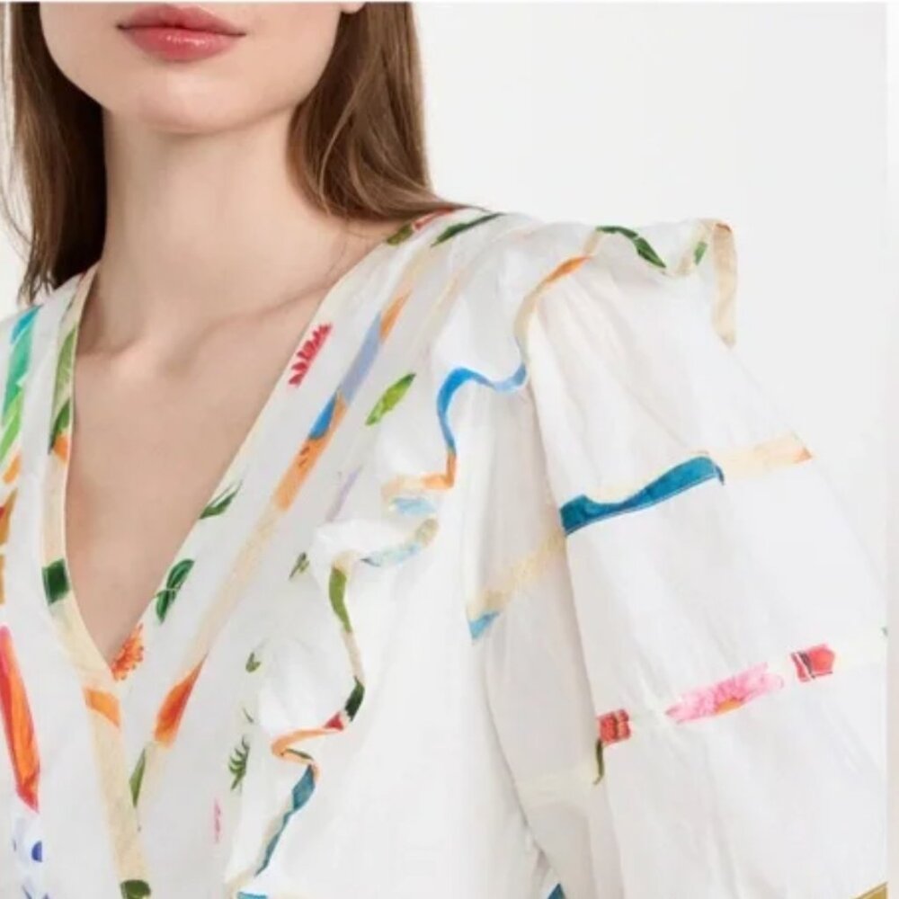 NWT FARM Rio Mixed Off White Prints Midi Dress Multi-Color Size Small